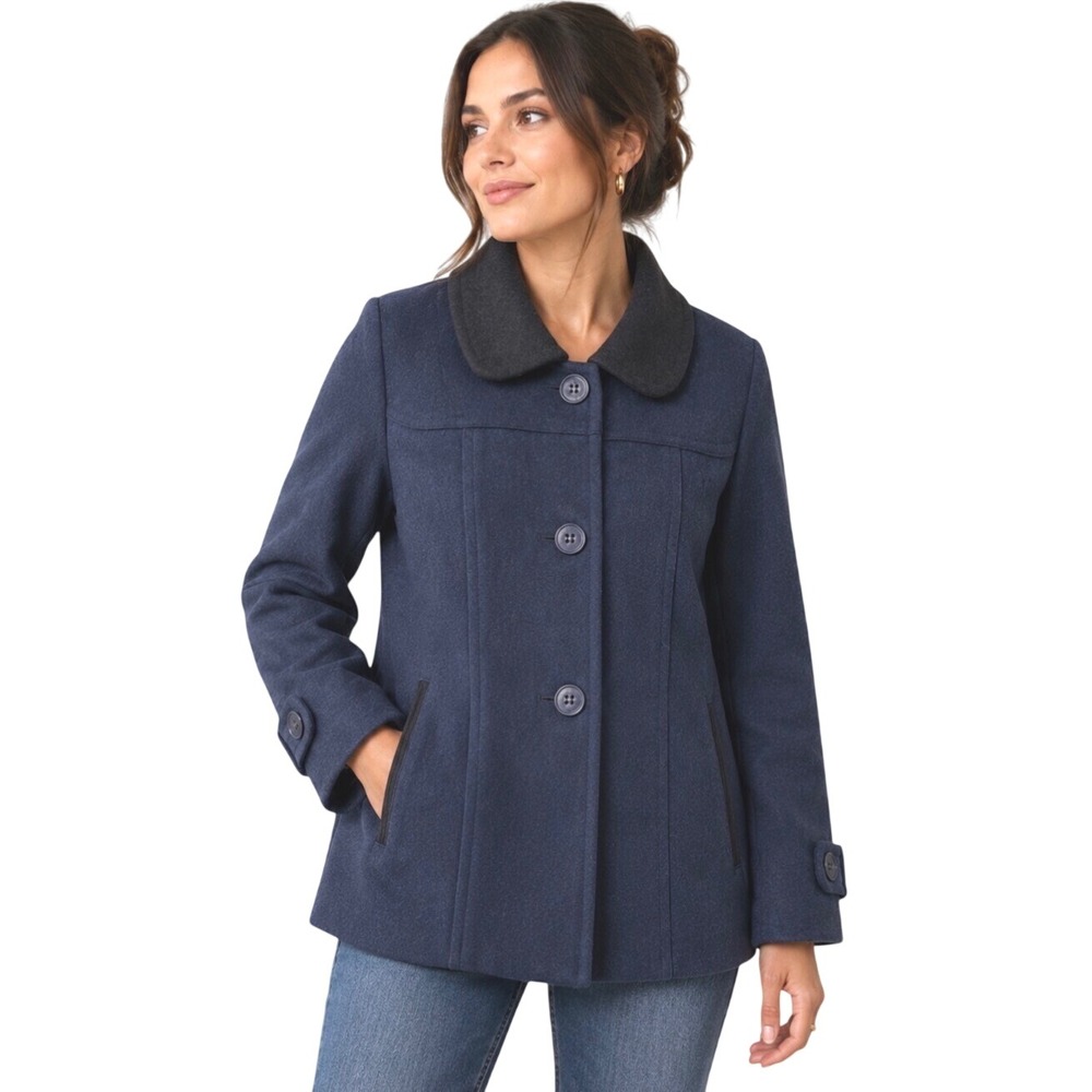 Just Ruby Navy Blue Pea Coat‎ with Grey Collar and Back Bow Detail Size 10US